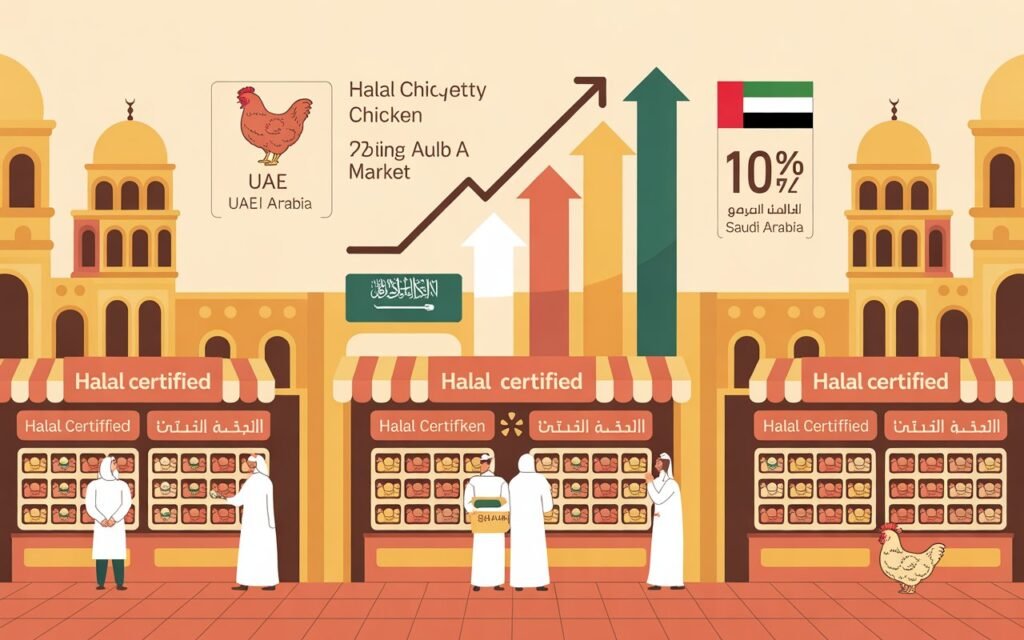 Certified halal chicken export packaging with Arabic labeling